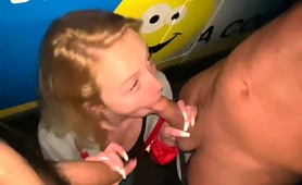 Amateur Blonde Teen Eagerly Blowing Two Big Cocks Outside