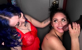 Wild gloryhole interracial sex party with two horny sluts